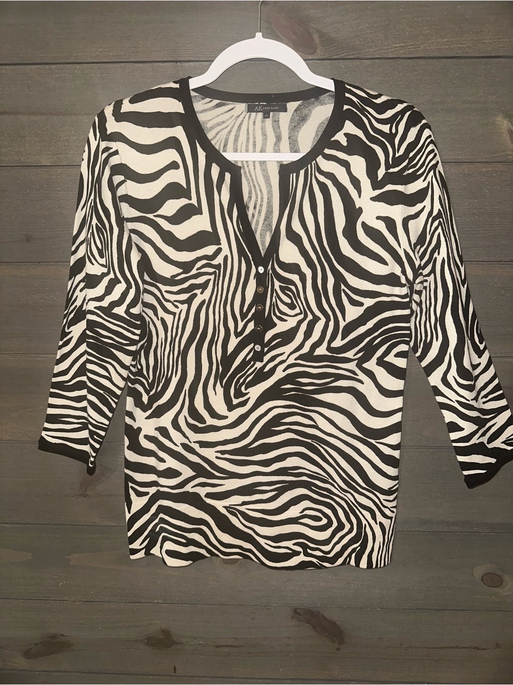 Anne Klein Black and White Zebra Henley Long Sleeve Sweater